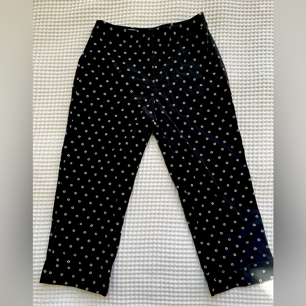 Rafaela Cropped Pants - size 10, cuffed, black with white circle dots.